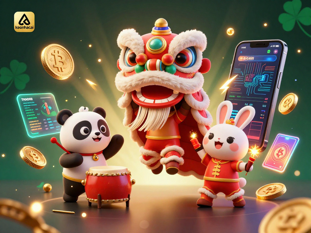 Engage with keonhacai's vibrant online casino scene featuring a lion dance, crypto coins, and festive animations.