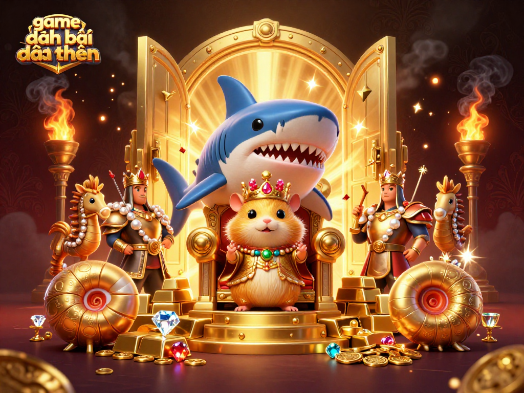 Engage in thrilling game đánh bài đổi thưởng, featuring a golden hamster king and treasure-filled setting.