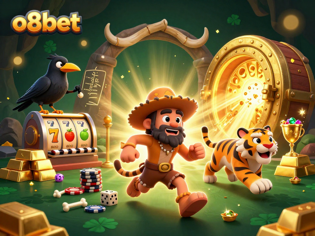 o8bet showcases an exciting prehistoric casino atmosphere with vibrant characters and slot themes.