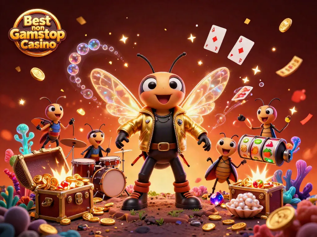Engage with the excitement of the Best non Gamstop Casino, featuring a vibrant rock star scene with animated casino elements.