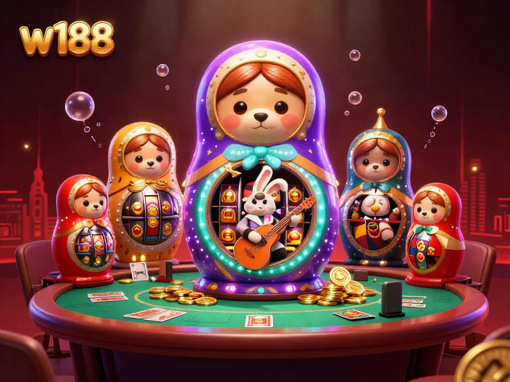 Experience the vibrant action at w188 with 3D cartoon bears and casino games, featuring a lively atmosphere.