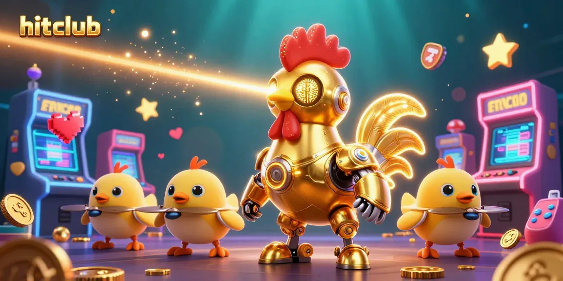 Engage with hitclub's thrilling casino experience featuring a golden rooster robot amidst vibrant gaming elements.