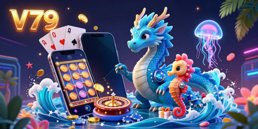 Experience the thrilling V79 slot adventure with a vibrant azure dragon and a seahorse knight amidst glowing jellyfish.