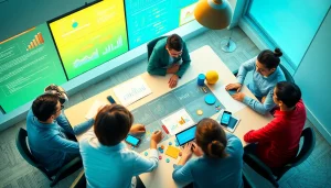 Business gamification session with diverse professionals collaborating using interactive tools.