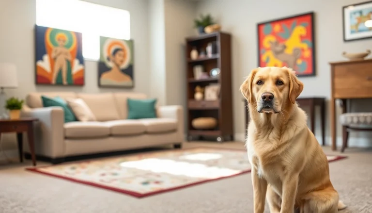 Engaging therapy session for depression treatment with a caring psychologist and therapy dog present.