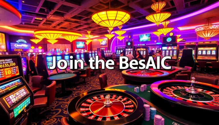 KJC AC casino scene with exciting poker tables, vibrant slot machines, and a spinning roulette wheel, showcasing the thrill of gambling.