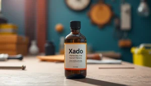 Apply Xado alyva bottle on a workbench highlighting its premium quality and unique features.