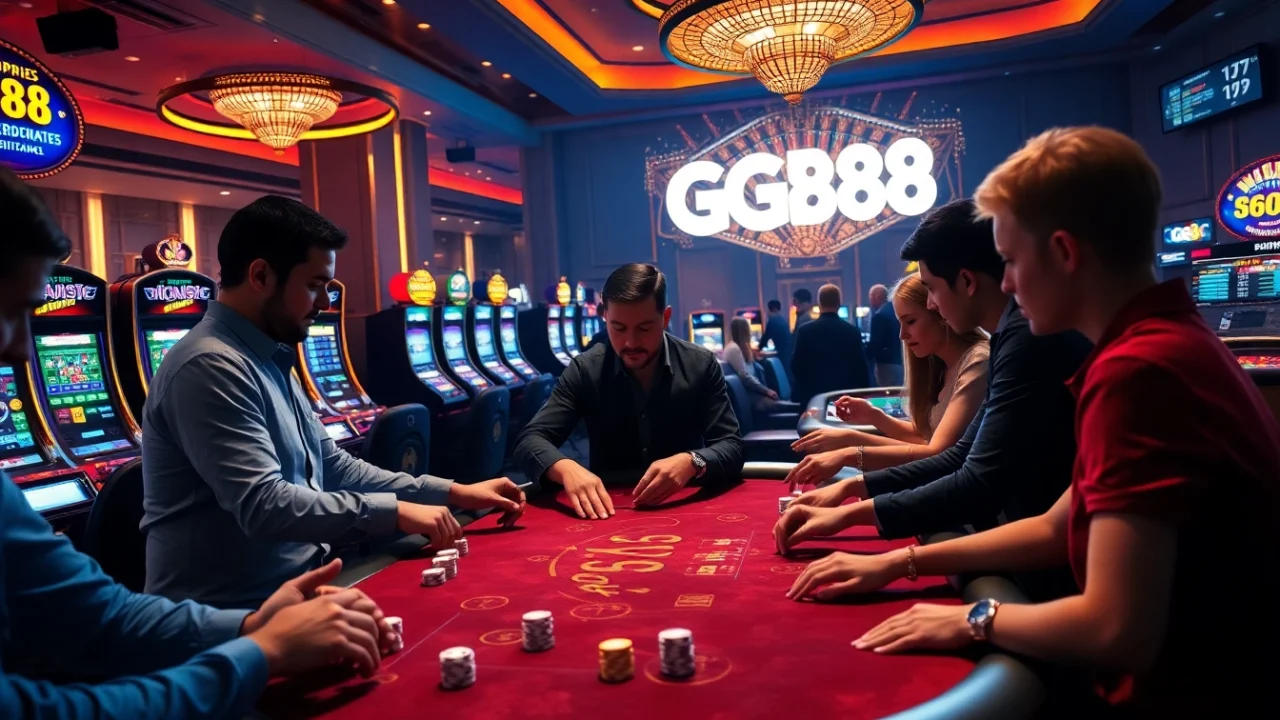 Players engage with GG88 tables in a luxurious casino environment full of excitement and anticipation.