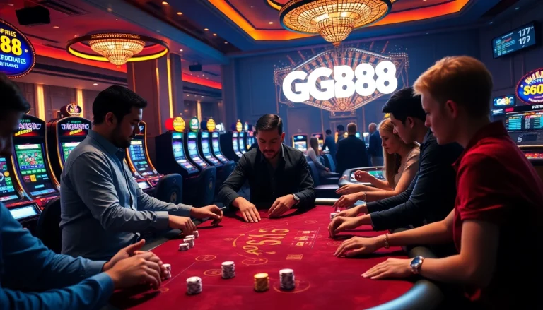 Players engage with GG88 tables in a luxurious casino environment full of excitement and anticipation.