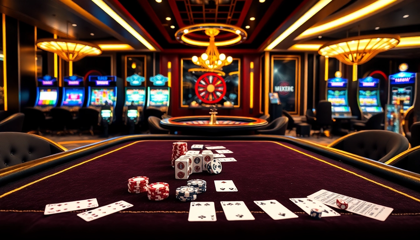 Experience thrilling gameplay with a vibrant casino scene at https://xx88.bar/, showcasing poker chips and slot machines.