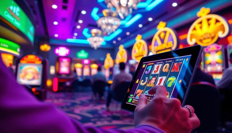 Engaging online gaming scene showcasing doaslot with players using modern devices in a vibrant casino atmosphere.