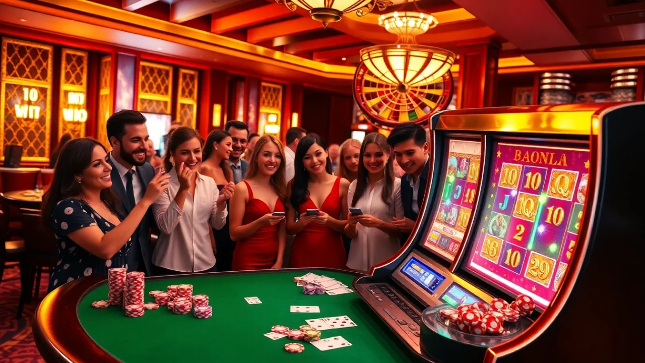 Gamblers celebrating a win at the doaslot machine in a vibrant casino atmosphere.