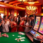 Gamblers celebrating a win at the doaslot machine in a vibrant casino atmosphere.