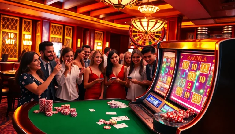 Gamblers celebrating a win at the doaslot machine in a vibrant casino atmosphere.