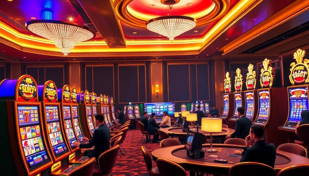 Experience the thrill of Slot777 with vibrant slot machines in a luxurious casino setting.