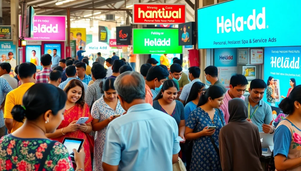 Engaging marketplace scene with Hela Add advertisements promoting local services.