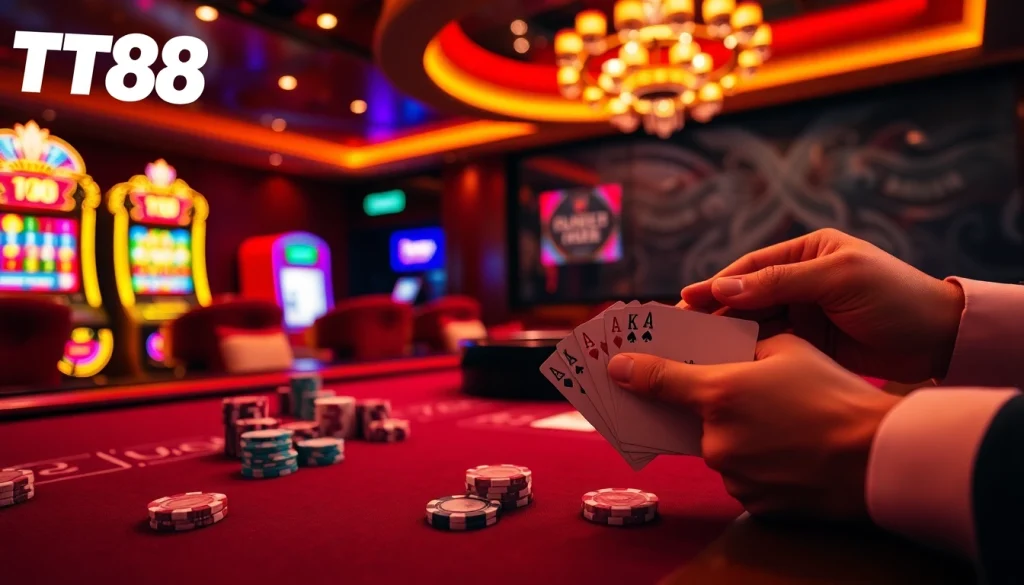 Engaging casino scene showcasing TT88 logo with vibrant slot machines and poker action.