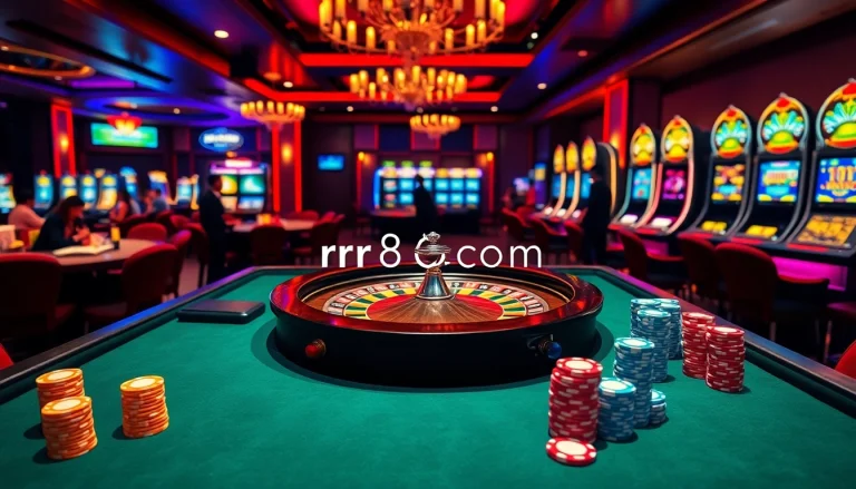 Players engaged in exciting casino games at rr88com, featuring vibrant tables and roulette wheels.