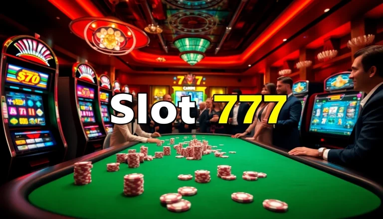 Players enjoying the thrills of Slot777 at a vibrant casino table surrounded by exciting slot machines.