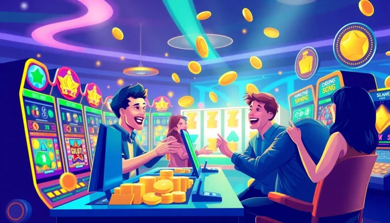 Exciting gaming atmosphere with Kode4d link showcasing vibrant slot machines and joyful players.