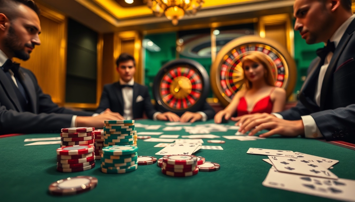 Exciting MM88 poker game atmosphere with players, chips, and roulette wheel.