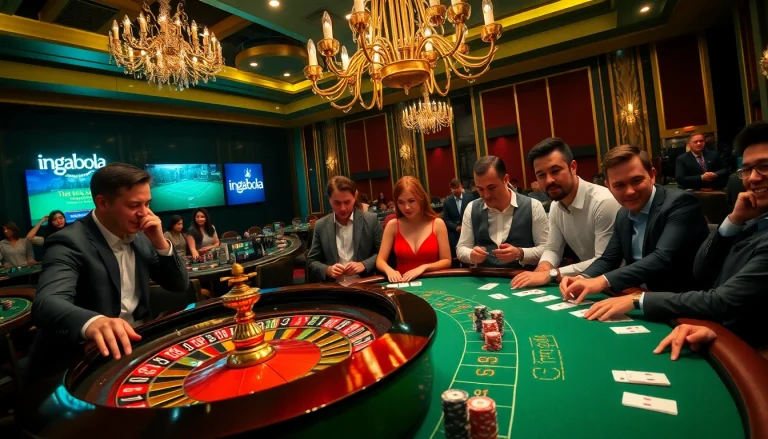 Engaging players enjoying a thrilling ingatbola casino experience with poker, roulette, and vibrant chips.