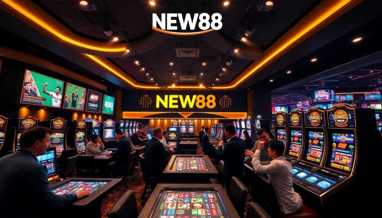 New88pm.com vibrant casino scene with players engaged in games, showcasing excitement and trust.