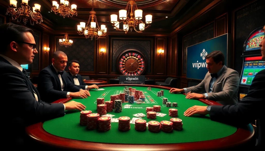 Experience excitement at the poker table with the vipwin link showcased amid glamorous casino visuals.