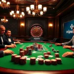 Experience excitement at the poker table with the vipwin link showcased amid glamorous casino visuals.