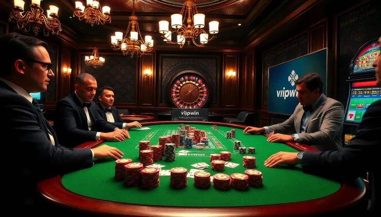 Experience excitement at the poker table with the vipwin link showcased amid glamorous casino visuals.