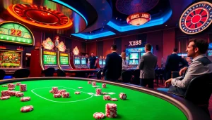 Engage with the x88 gaming experience at a lively casino with vibrant tables and slot machines.