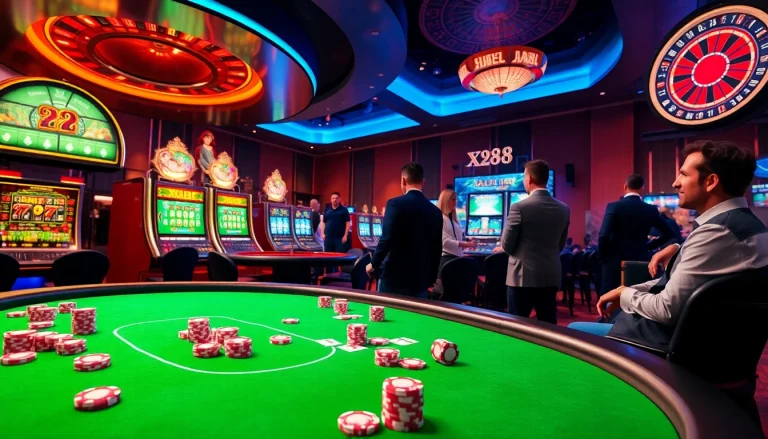 Engage with the x88 gaming experience at a lively casino with vibrant tables and slot machines.