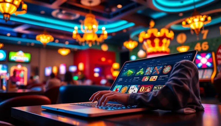 A captivating digital gaming scene showcasing stimmgewitter.org, featuring players engaged with vibrant casino games and a luxurious atmosphere.