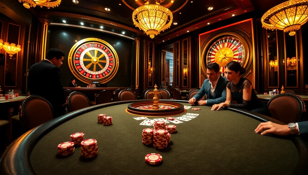 Experience excitement at MK8's luxurious casino, featuring a vibrant poker table and roulette wheel.