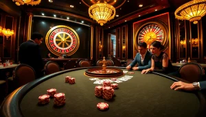 Experience excitement at MK8's luxurious casino, featuring a vibrant poker table and roulette wheel.