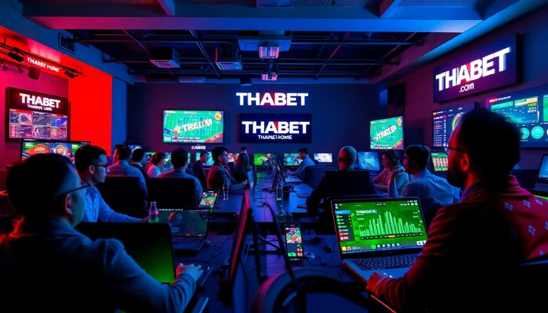Engaged players in a dynamic online gaming environment showcasing thabethome com with vibrant colorful lighting.