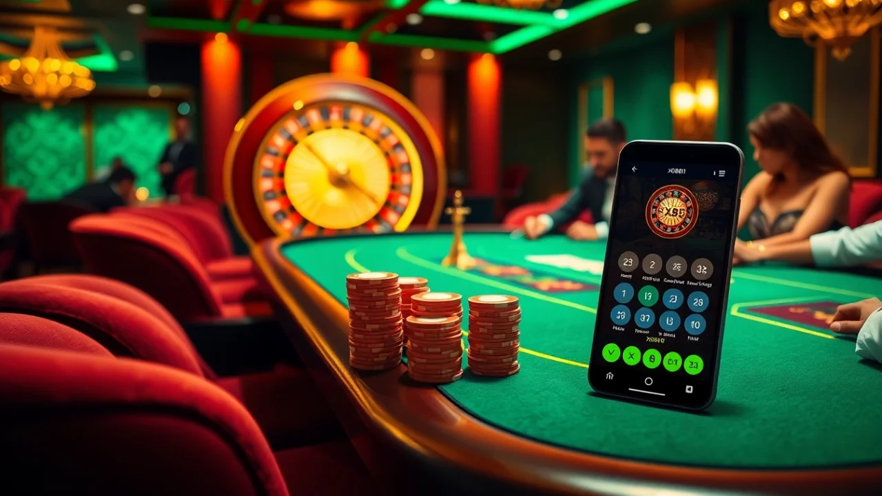 Players engaging in a high-stakes game at a luxurious gambling table with xin88 vn elements.