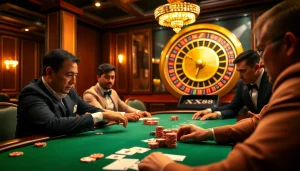 Exciting poker game at a luxurious casino table featuring XX88 branded chips.