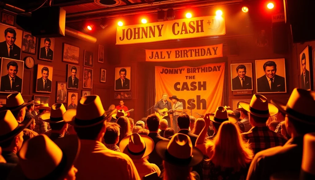 Vibrant concert scene at johnnycashbirthday.com, celebrating Johnny Cash's legacy with warm lighting and enthusiastic crowd.