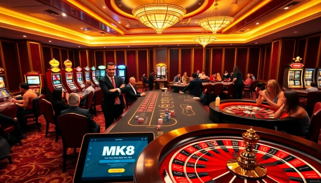 Engaging players at MK8 online casino tables with vibrant atmosphere and luxury.
