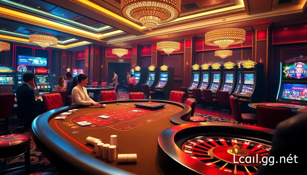 Engaging scene of c54.gb.net casino with poker table, roulette wheel, and vibrant slots.