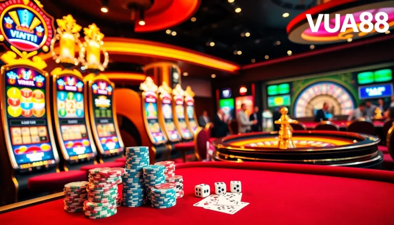 Engaging scene of players enjoying diverse games at VUA88 casino, including slots and poker.
