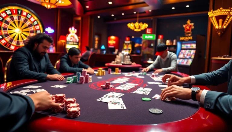 Engaging poker scene illustrating the excitement of nhà cái uy tín UU88 with players and casino elements.