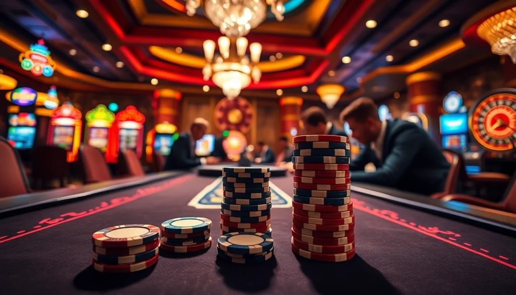 Enjoying a thrilling poker game at nhà cái uy tín 789P with vibrant slot machines in the background.