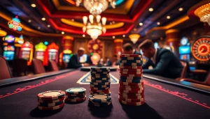 Enjoying a thrilling poker game at nhà cái uy tín 789P with vibrant slot machines in the background.