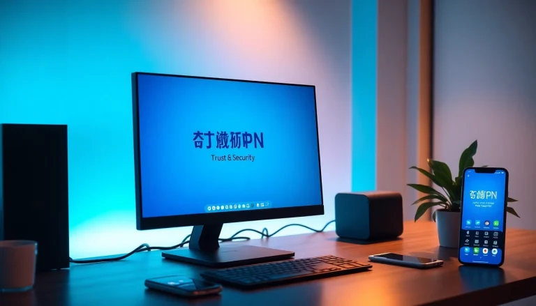 在现代计算机上显示的快连官网界面，强调 VPN 安全与连接性。
