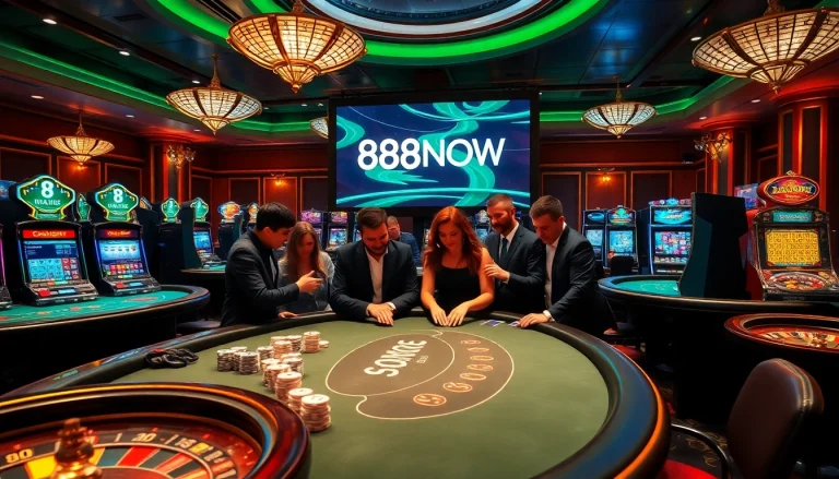 Exciting gameplay scene at 888NOW online casino with poker players and slot machines.
