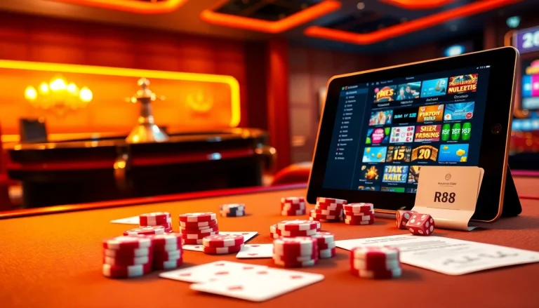 Players enjoying an exciting gaming experience at RR88 casino, highlighting vibrant casino tables and poker chips.
