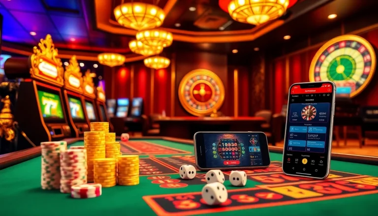 Exciting online gambling scene featuring tải ta88 app download on mobile alongside vibrant casino elements.