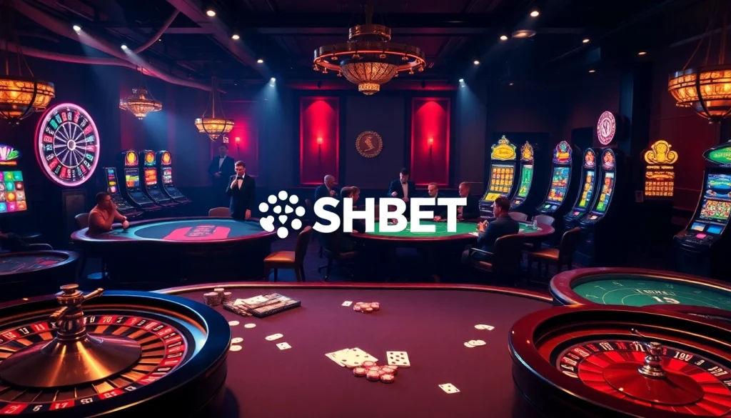 SHBET showcases an exciting gambling atmosphere with poker chips, cards, and slot machines.